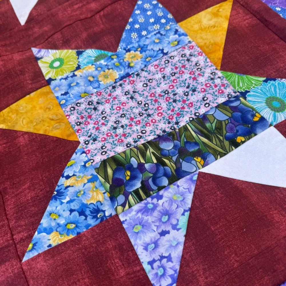 Vintage Handmade Star Patchwork Quilt Burgundy Floral Mason Jar Embroidery 60x60